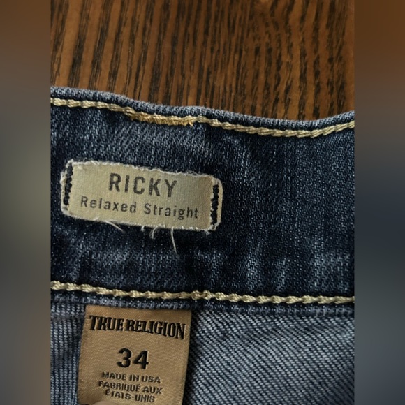 True Religion Jeans mens 34 Blue Dark Wash Ricky Relaxed Straight Fit USA GUC - Picture 10 of 15